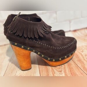FLOGG Davina Suede Fringe‎ Platform Clog Heels Boho Western Size 7